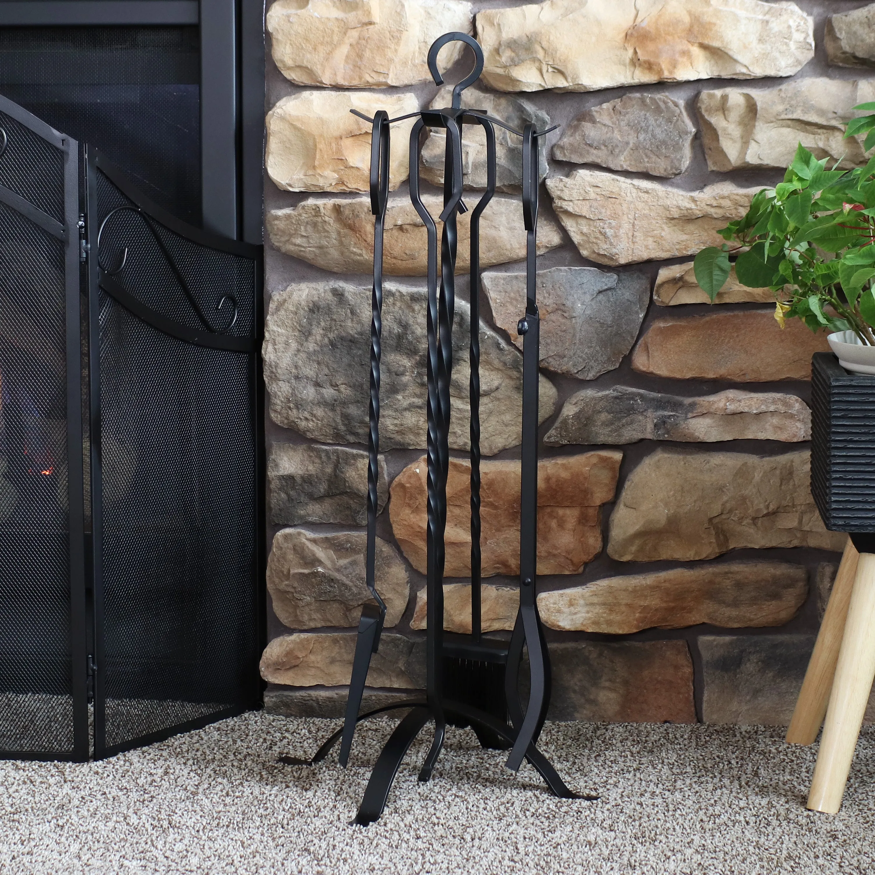 Sunnydaze 4-Piece Steel Fireplace Tool Set with Stand