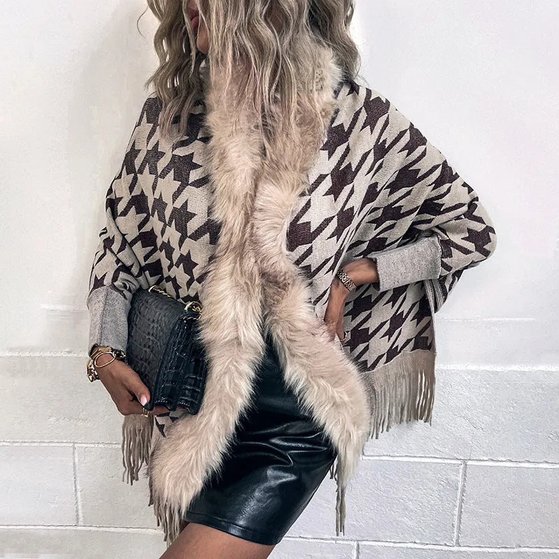 Tassel Cloak Houndstooth Fur Collar