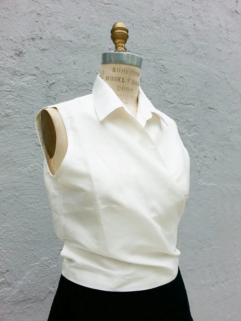 Thai Silk Taffeta Sleeveless Wrap Shirt Black Or White