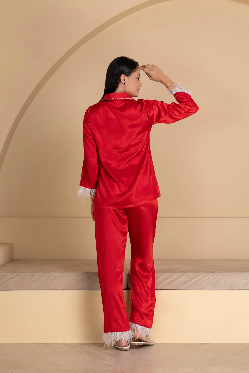 Valentine Red satin Pj set with feathers