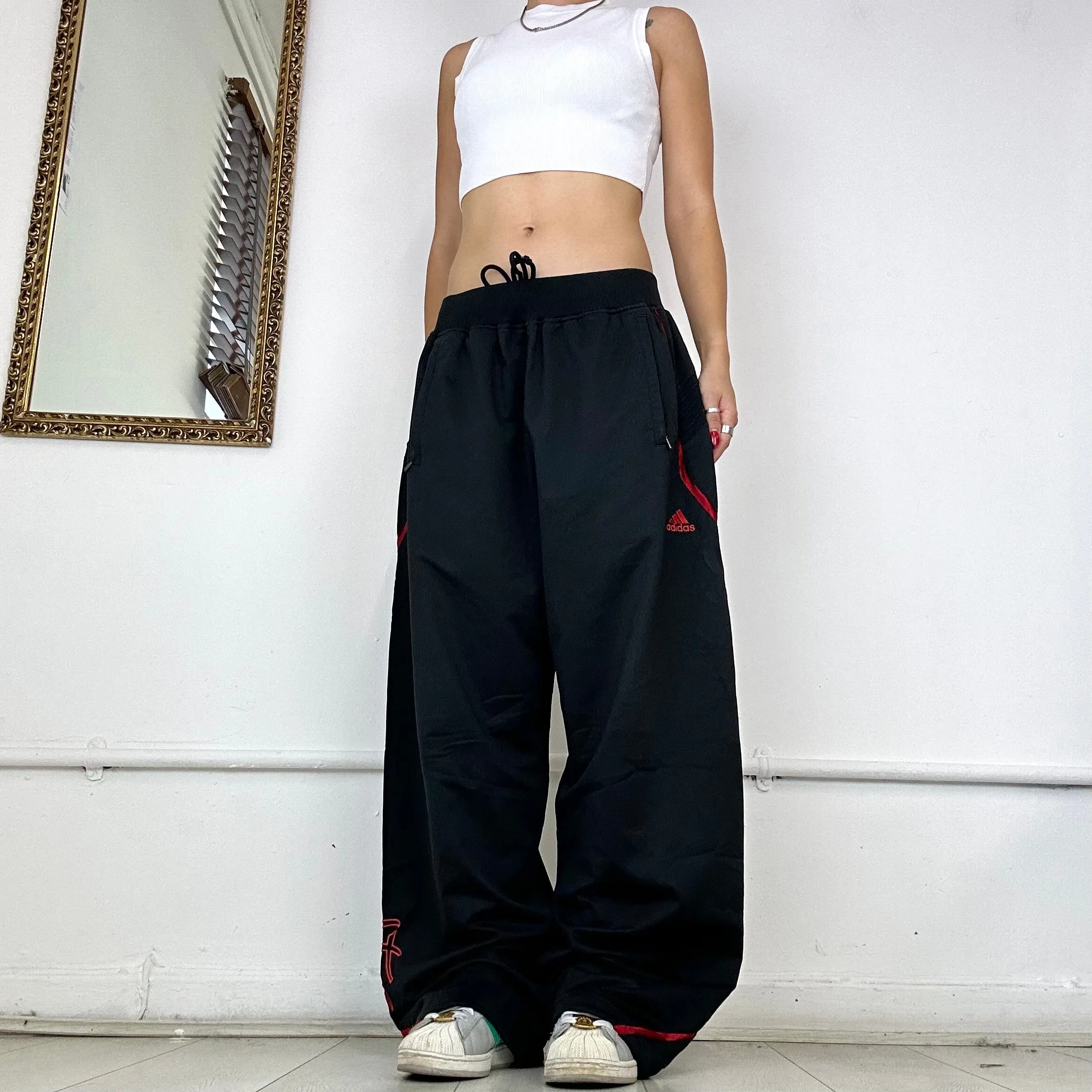 vintage adidas black&red wide leg joggers