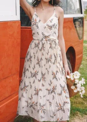 Vintage Floral Pleated Midi Dress