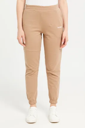 Women Beige Plain Elasticated Joggers