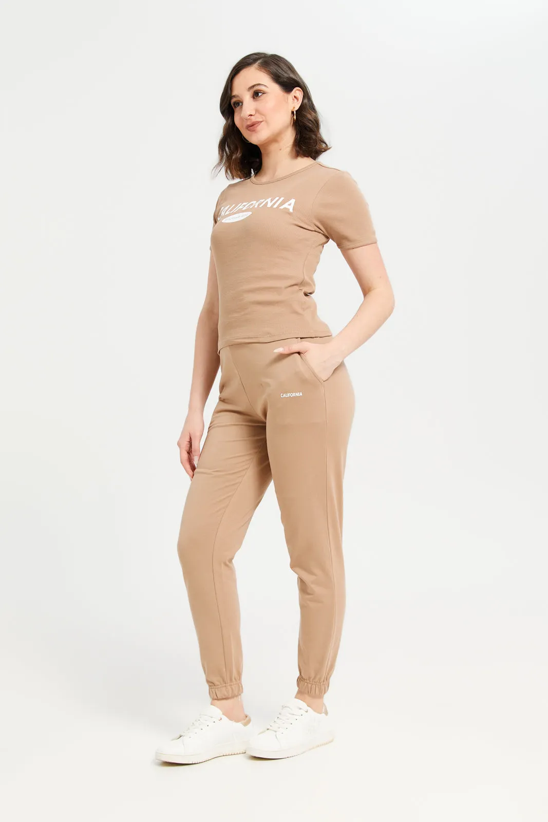 Women Beige Plain Elasticated Joggers