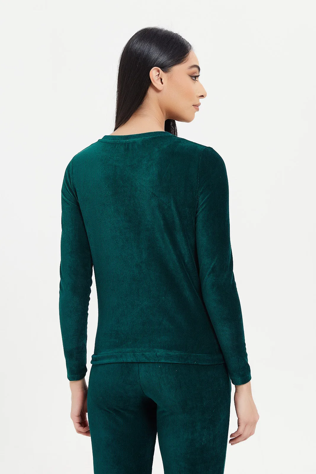 Women Green Velour Sweatshirt With Drawstring