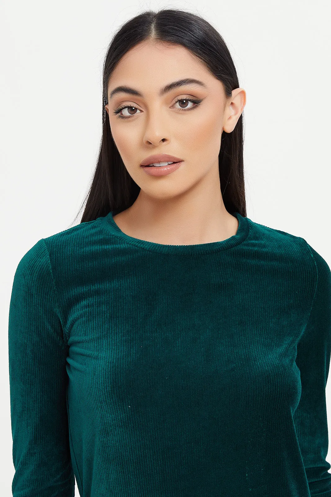 Women Green Velour Sweatshirt With Drawstring