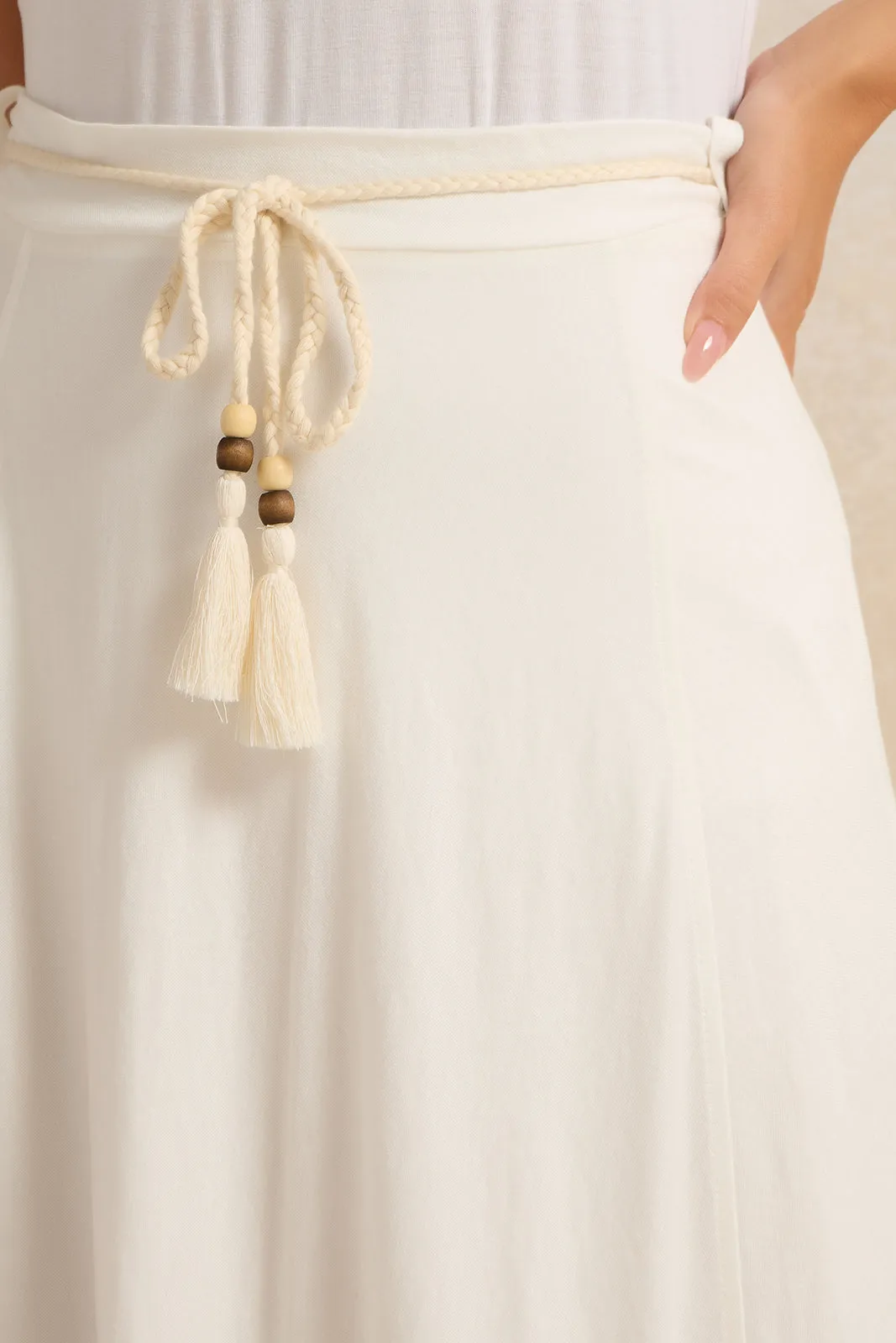 Women Ivory Embroidered Skirt With Breaded Belt