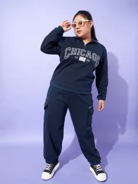 Women Navy Fleece CHICAGO Zipper Sweatshirt With Joggers