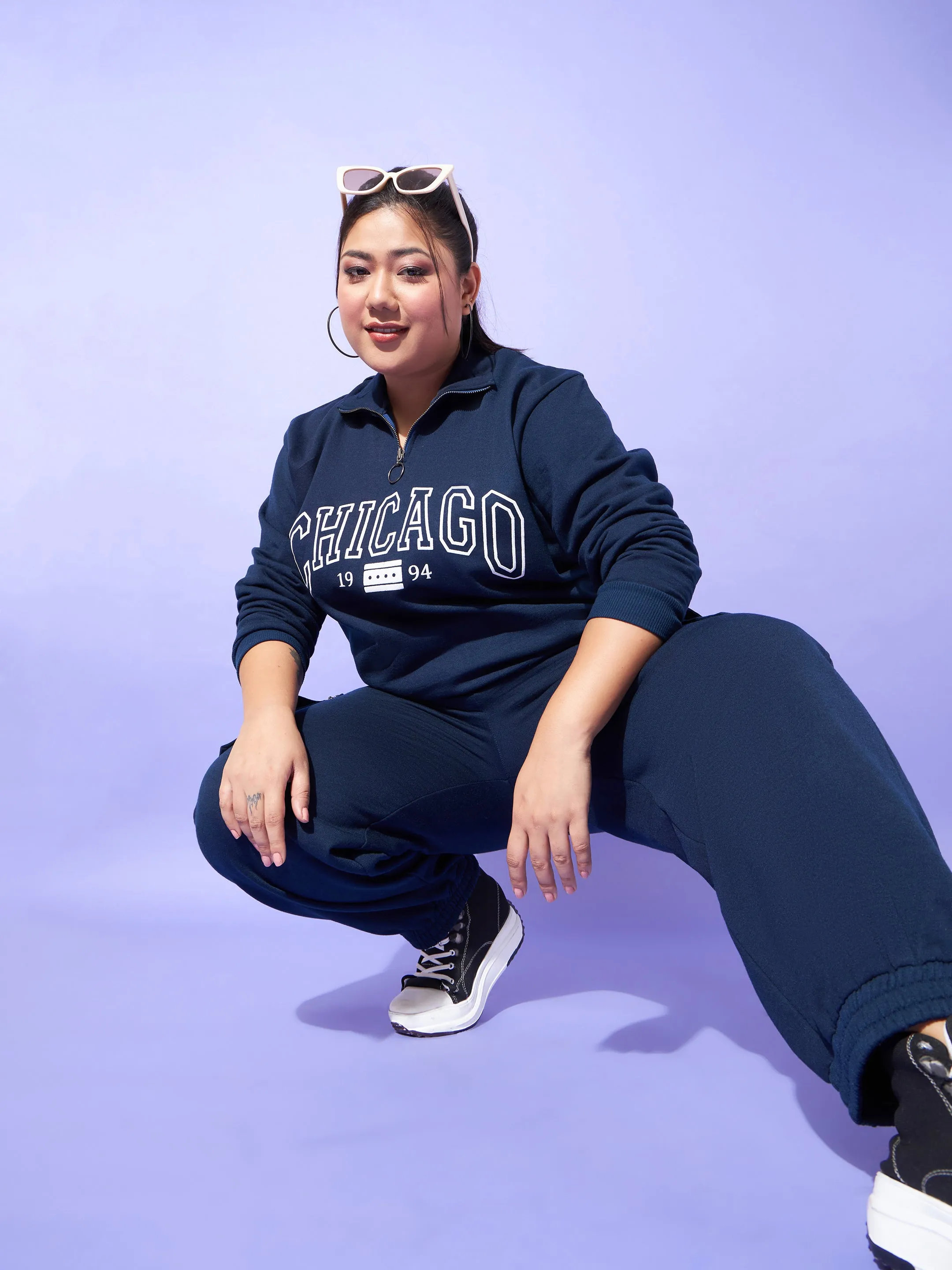 Women Navy Fleece CHICAGO Zipper Sweatshirt With Joggers