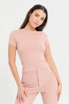 Women Pink Round Neck Studded Detailed Top