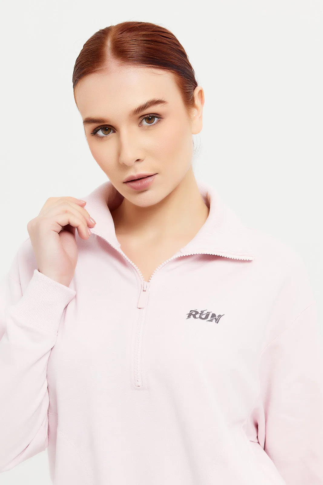 Women Pink Zip Front Sweatshirt