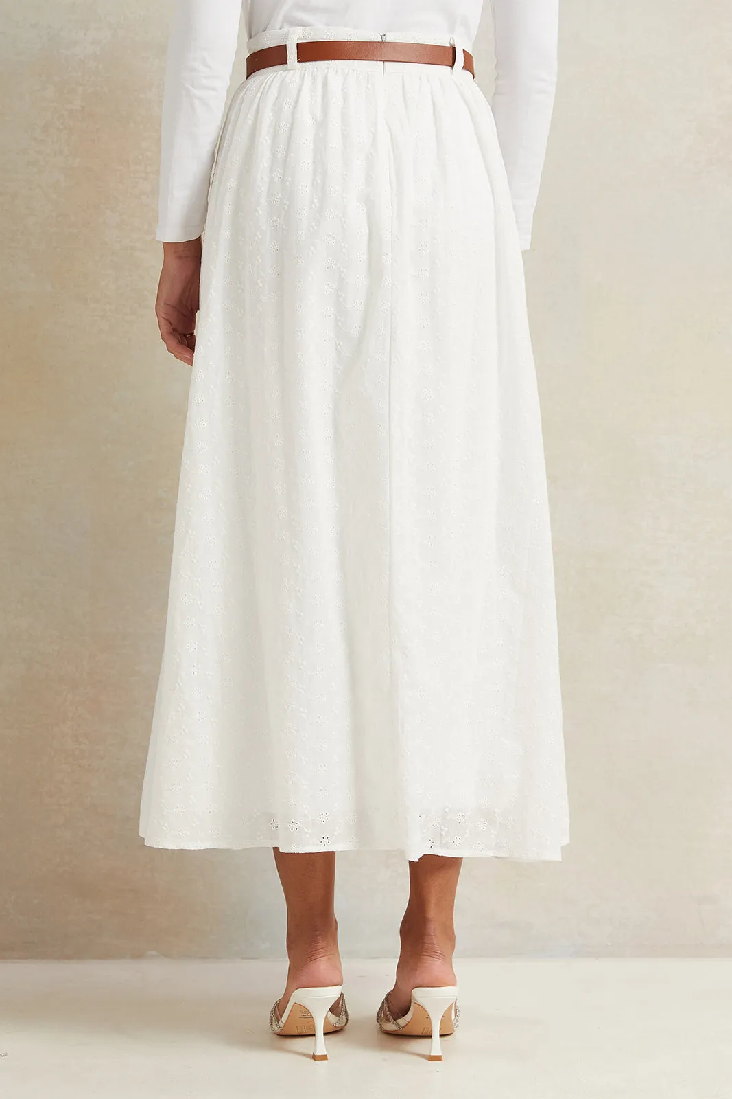 Women White Belted Long Skirt