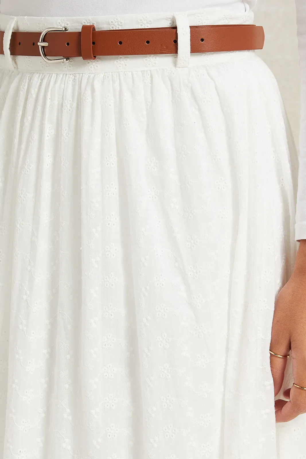 Women White Belted Long Skirt