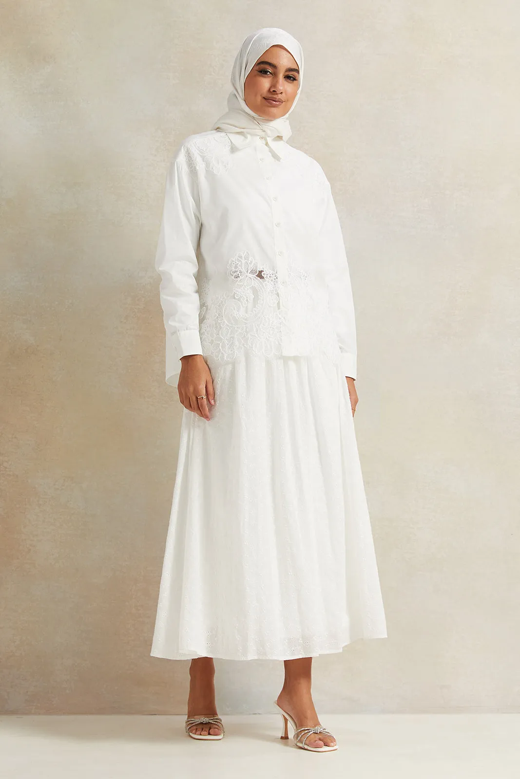 Women White Belted Long Skirt