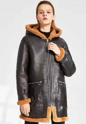 Women’s Black Leather Orange Shearling Hooded Long Coat