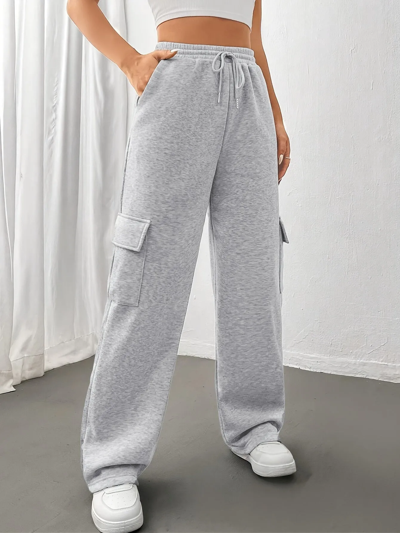 Women's Flap Pockets Straight Leg Sweatpants, Casual Slant Pockets Drawstring Elastic Waist Pants