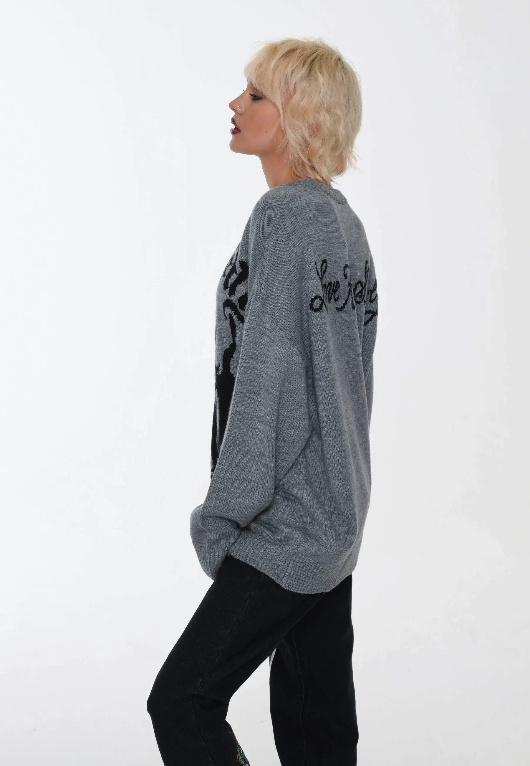 Womens Skull In Flames Jaquard Knitted Jumper - Grey/Black