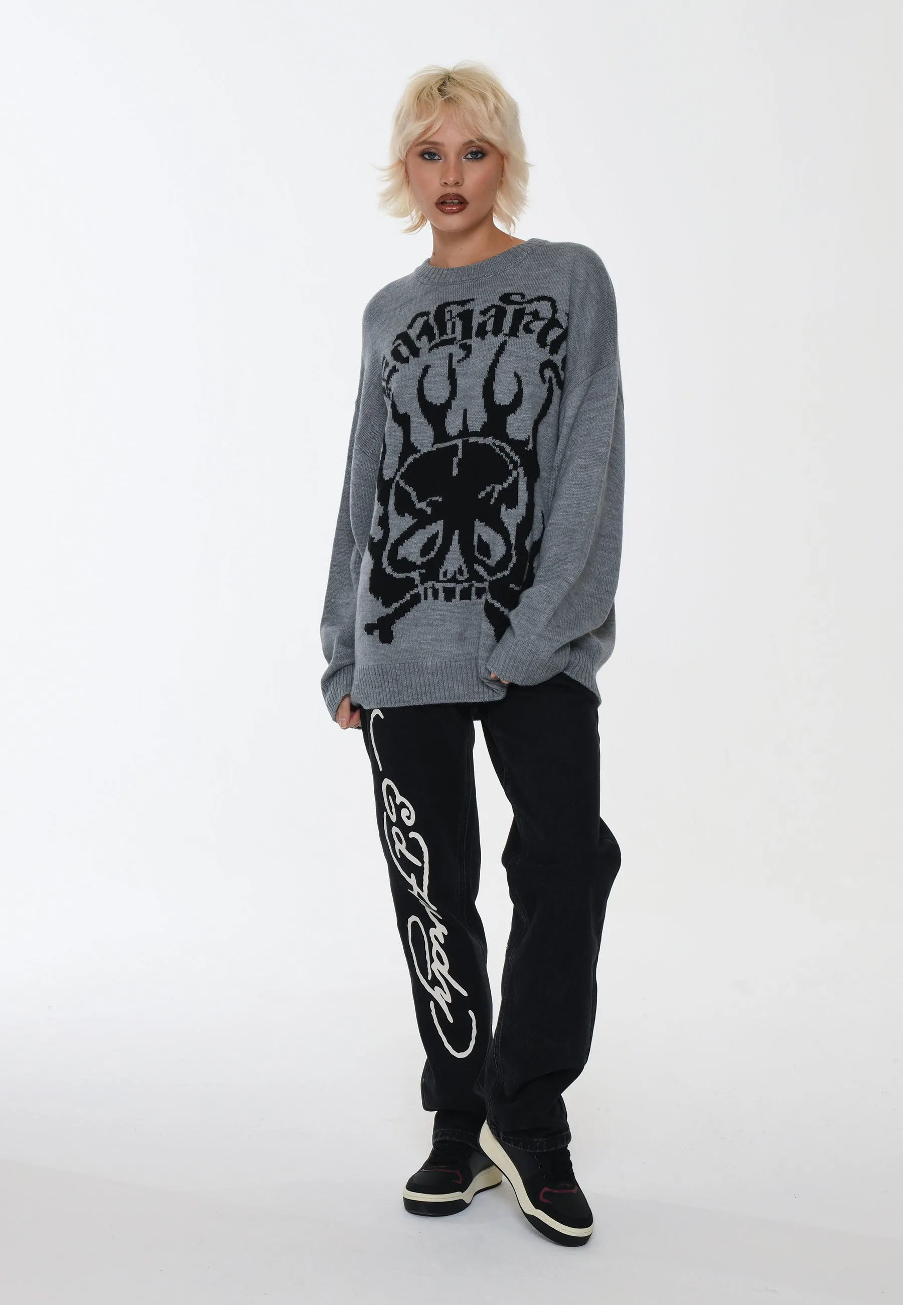 Womens Skull In Flames Jaquard Knitted Jumper - Grey/Black