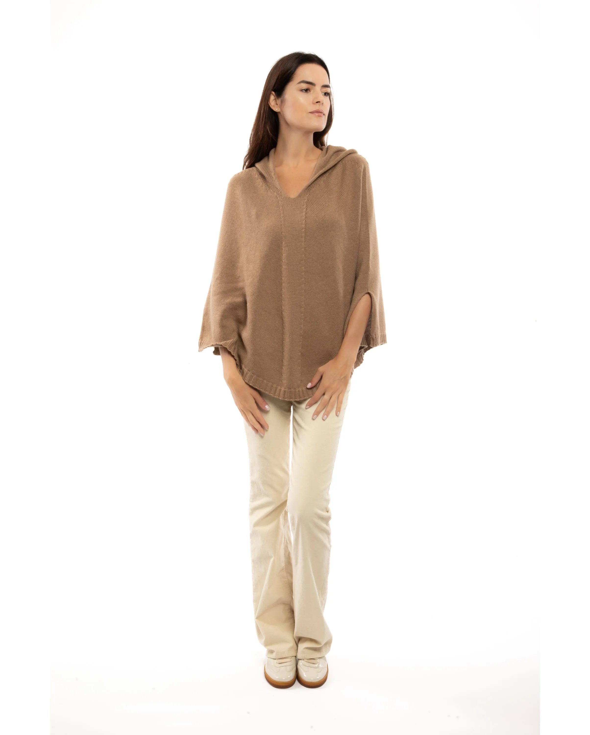 Womens's Pure Cashmere Hoodie Poncho Camel