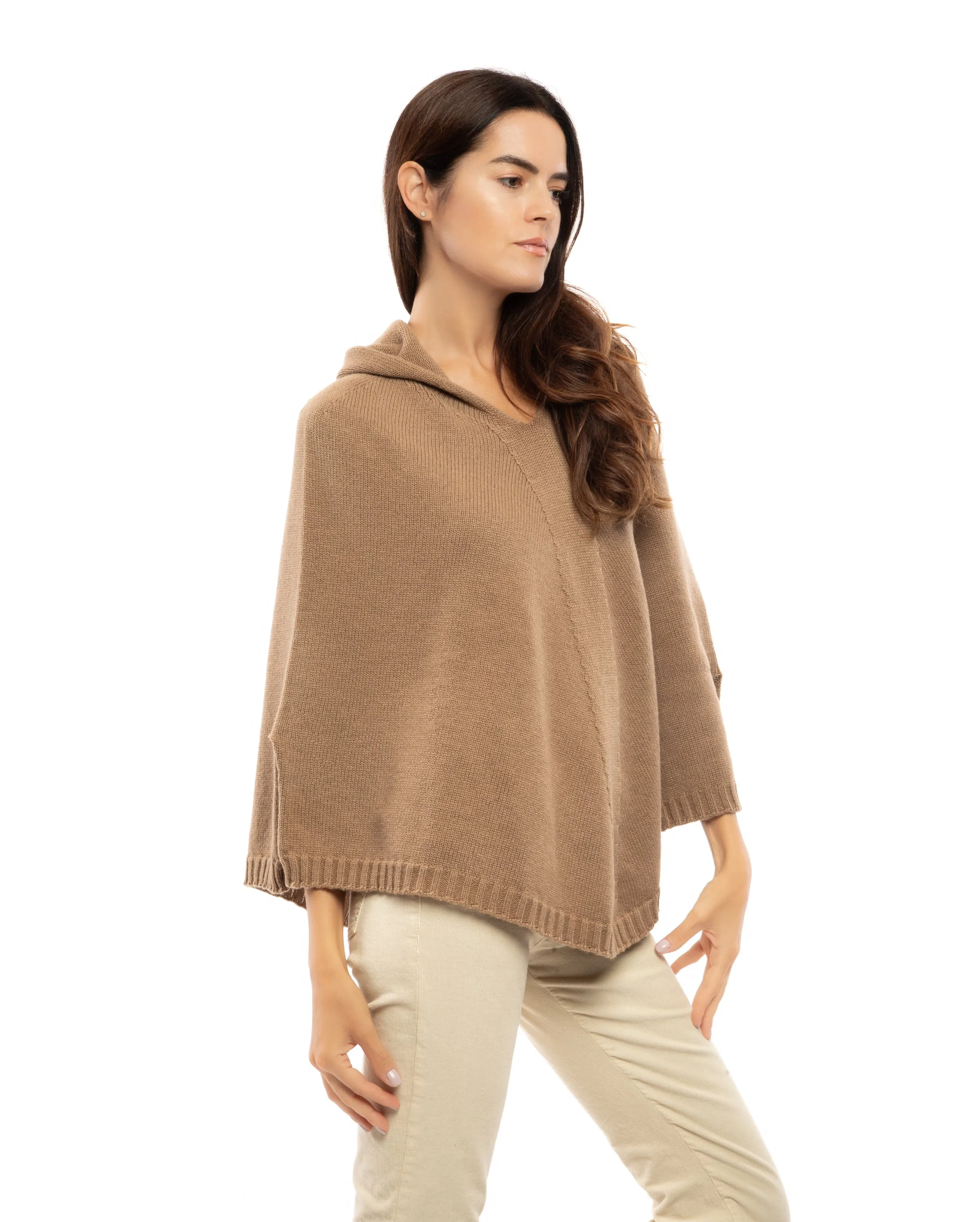 Womens's Pure Cashmere Hoodie Poncho Camel