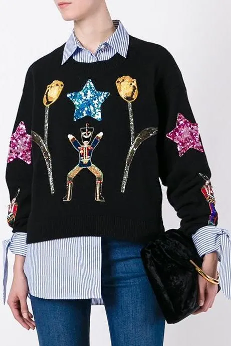 'Wonderland' Appliqué Jumper/Sweater-Black