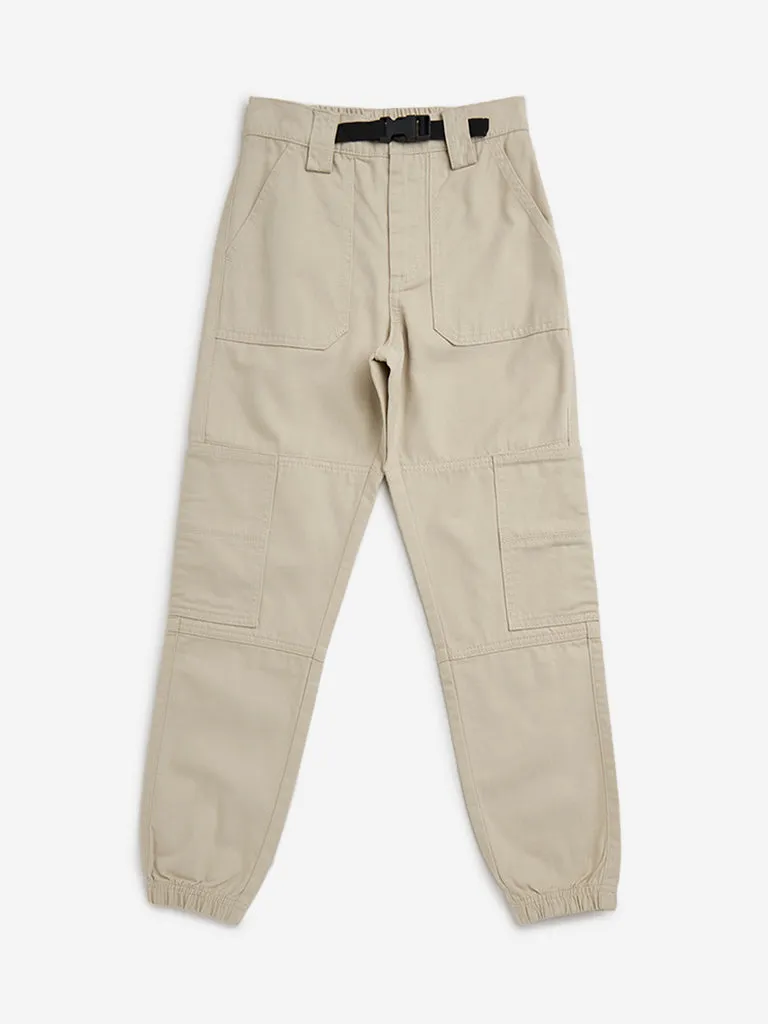 Y&F Kids Beige Pack Buckle Mid-Rise Cotton Joggers